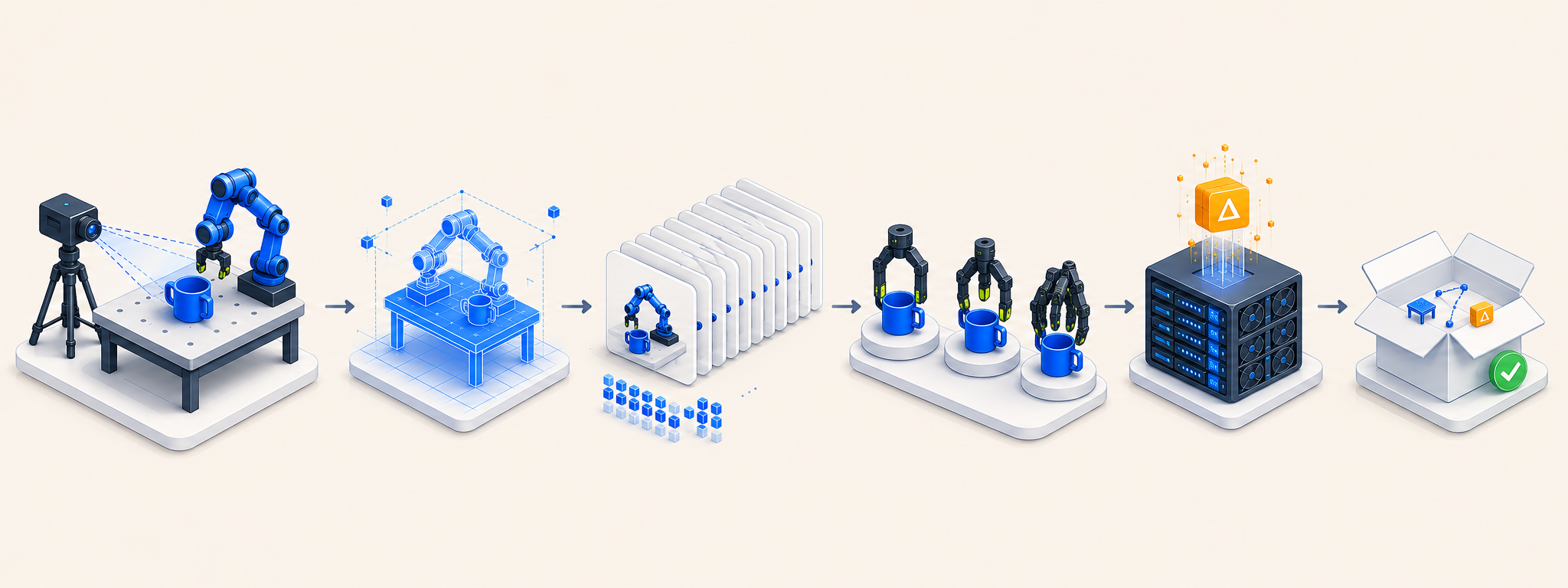 Six-stage Teehoo pipeline from left to right: Collect · Reconstruct · Scale · Retarget · Train · Deliver